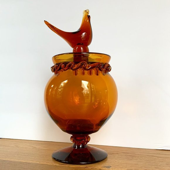 VTG Compote Hand Blown Rigaree Trim Lidded Rooster Amber Pedestal Art Glass - Picture 1 of 12